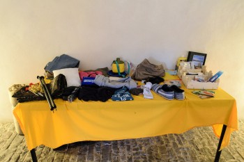 Give-away table for items pilgrims no longer want to carry